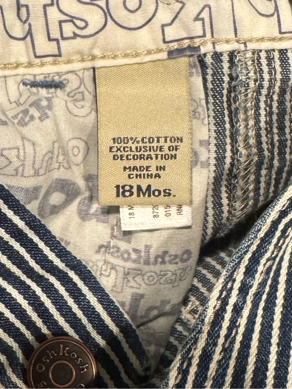 Vintage OshKosh B’gosh Hickory Stripe Railroad Overalls 18M Carpenter Denim USA